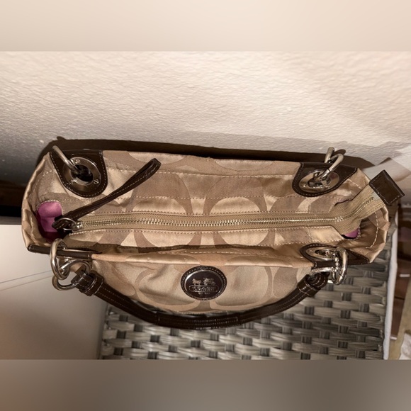 Coach Signature Stripe Khaki Satin Tote Bag Brown Leather Trim Style 14449 - Picture 5 of 16